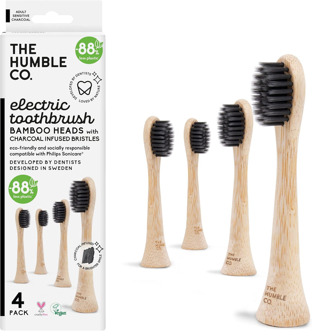 The Humble Co Bamboo Electric Toothbrush Heads Compatible with Philips Sonicare Toothbrushes - Replacement Toothbrush Heads with Soft Bristles - Dental Oral Care & Hygiene - Charcoal Infused Bristles