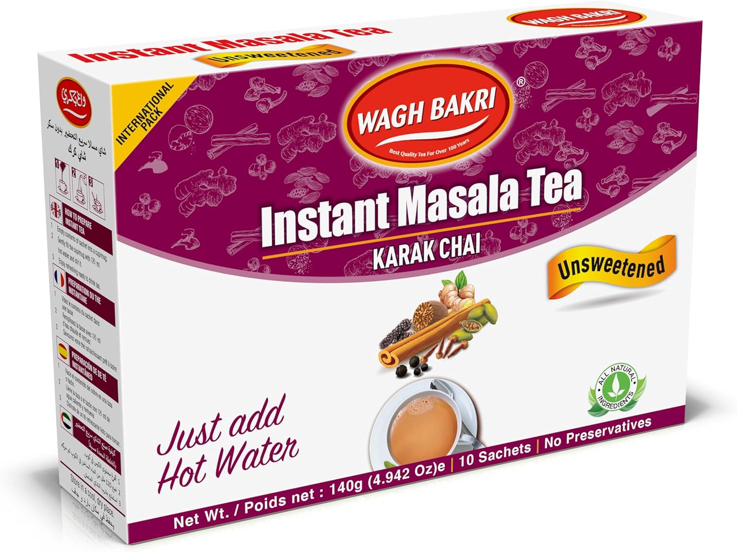 Wagh Bakri Instant Masala Tea, Unsweetened No Sugar Added, Karak Chai - 140grams, 10 Sachets [International Pack]