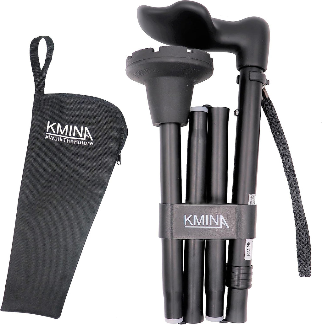 KMINA Ergonomic Walking Cane for Women and Men (Left Handed), Anatomical Palm Grip, Adjustable Height, Foldable and Lightweight, Anti Slip Ferrule