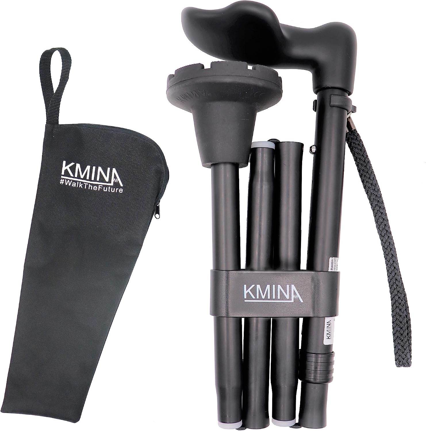 KMINA Ergonomic Walking Cane for Women and Men (Left Handed), Anatomical Palm Grip, Adjustable Height, Foldable and Lightweight, Anti Slip Ferrule
