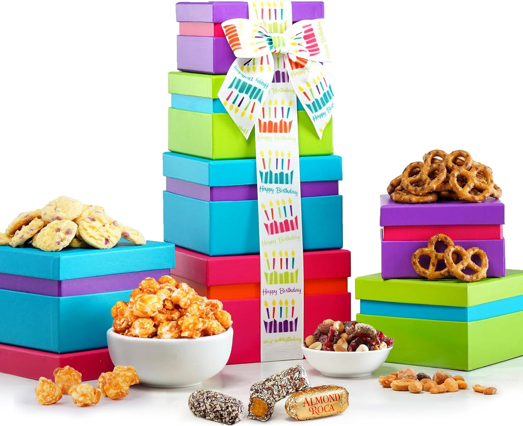 Broadway Basketeers Birthday Gift Basket Tower - Birthday Snack Box with Sweet and Savory Treats for Men, Women, & Kids