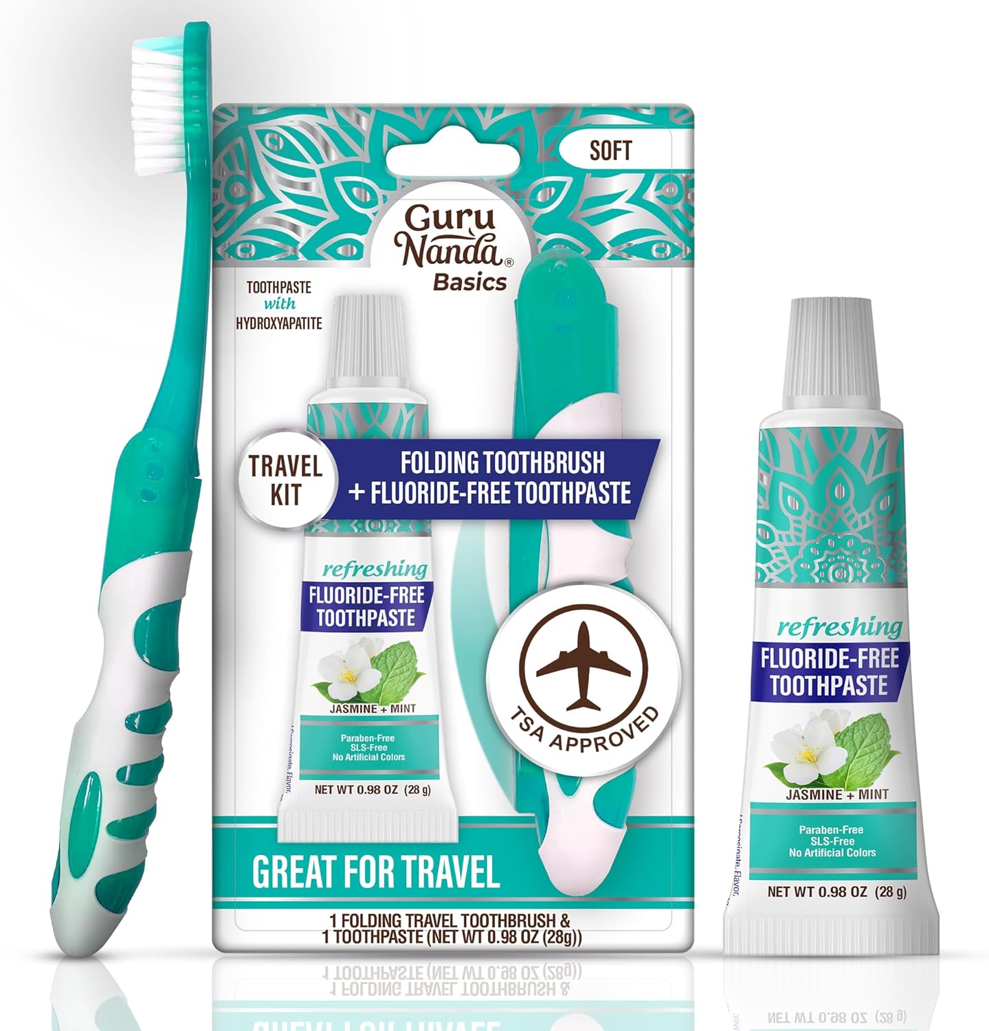 GuruNanda Folding Toothbrush with Built-in Cover & Toothpaste with Hydroxyapatite, Perfect for Travel, Compact & Portable, On-The-go - Soft Bristles & Ergonomic Handle, for Adults & Kids (1 Count)