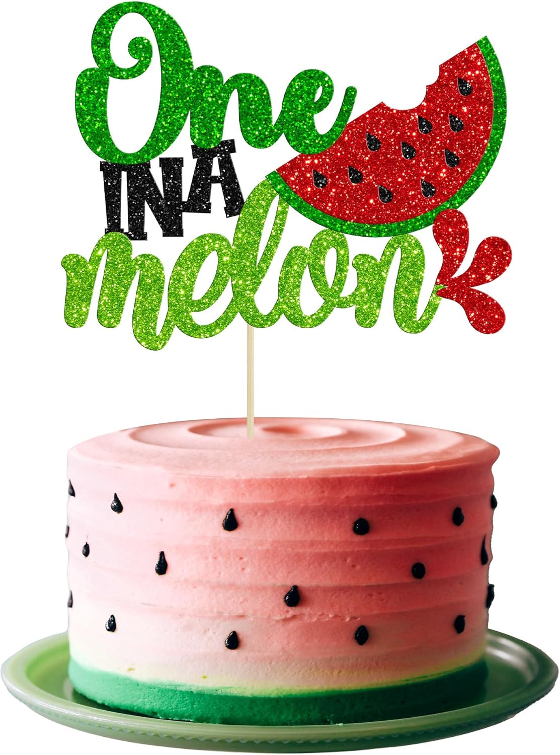 Gyufise 1Pc Watermelon Cake Topper Glitter One in a Melon Cake Pick Watermelon First Birthday Cake Decorations for Summer Fruit Baby Shower Boys Girls 1st Birthday Decorations Green