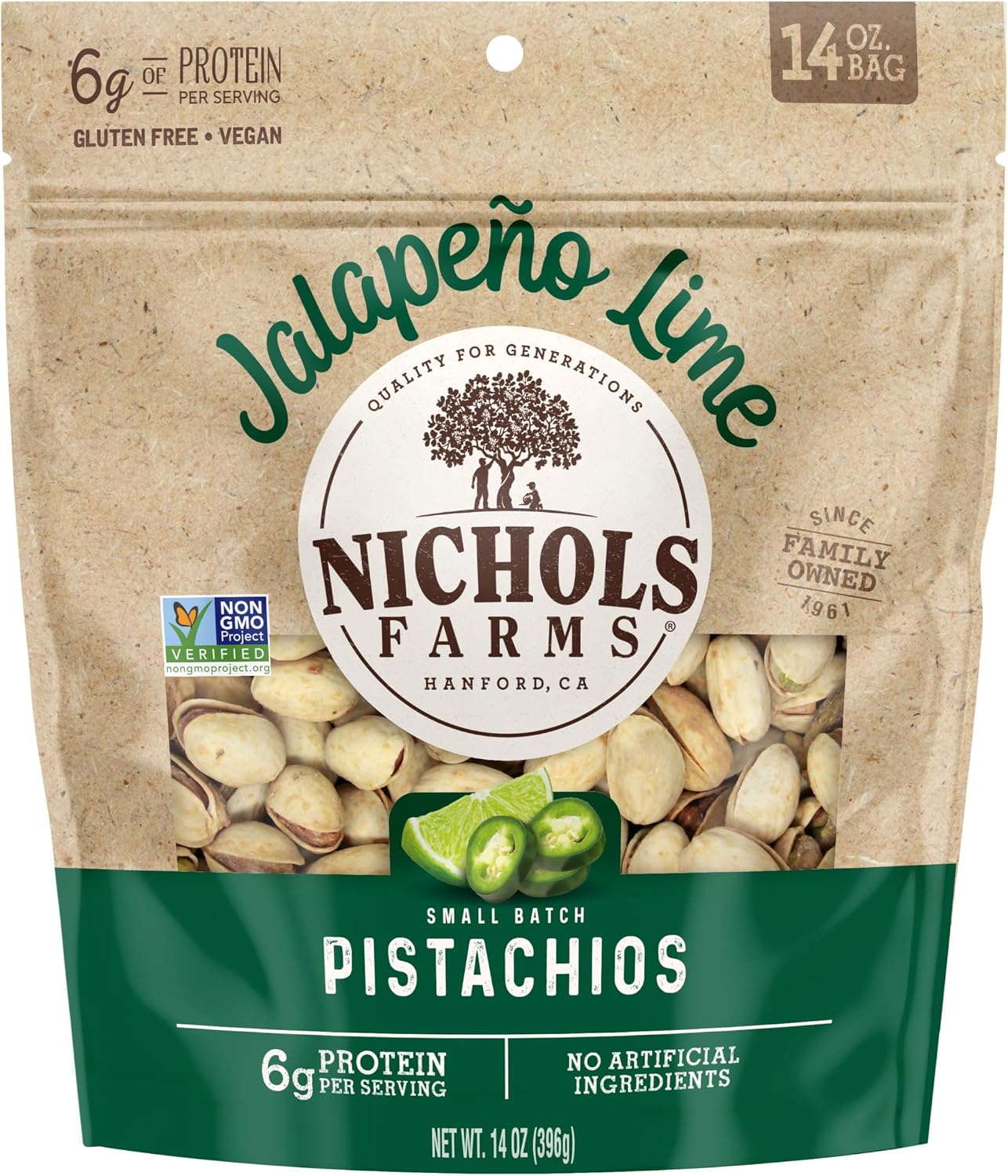 Nichols Farms InShell California Pistachios, Healthy Protein Snack, Jalapeño Lime, 14oz