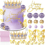 AMZVALU Crown Cake Topper, Purple & Gold Crown Balls Happy Birthday Cake Toppers Candles Butterfly, Corona Para Pastel, Crown Cake Decorations for Women Queen Princess (Gold, Moonlight Purple)