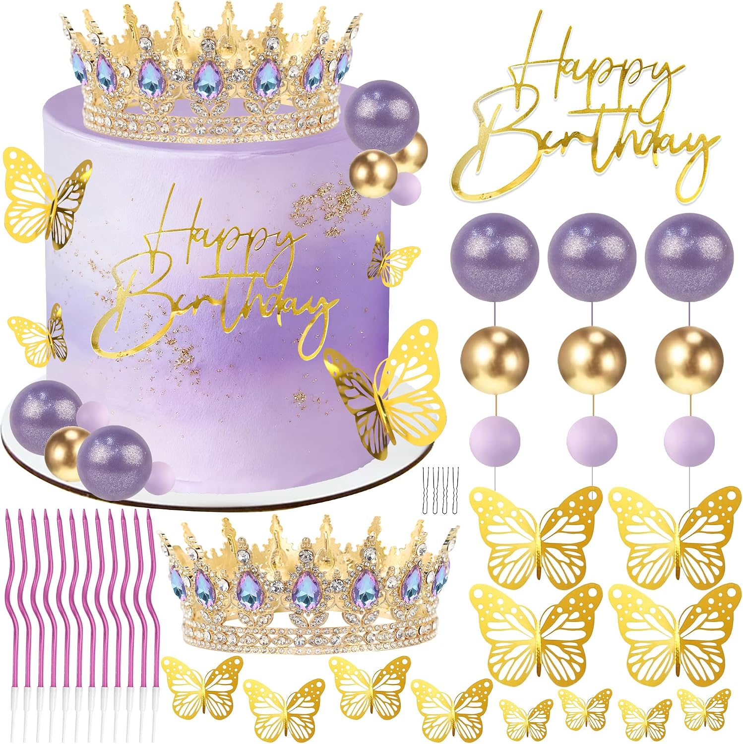 AMZVALU Crown Cake Topper, Purple & Gold Crown Balls Happy Birthday Cake Toppers Candles Butterfly, Corona Para Pastel, Crown Cake Decorations for Women Queen Princess (Gold, Moonlight Purple)