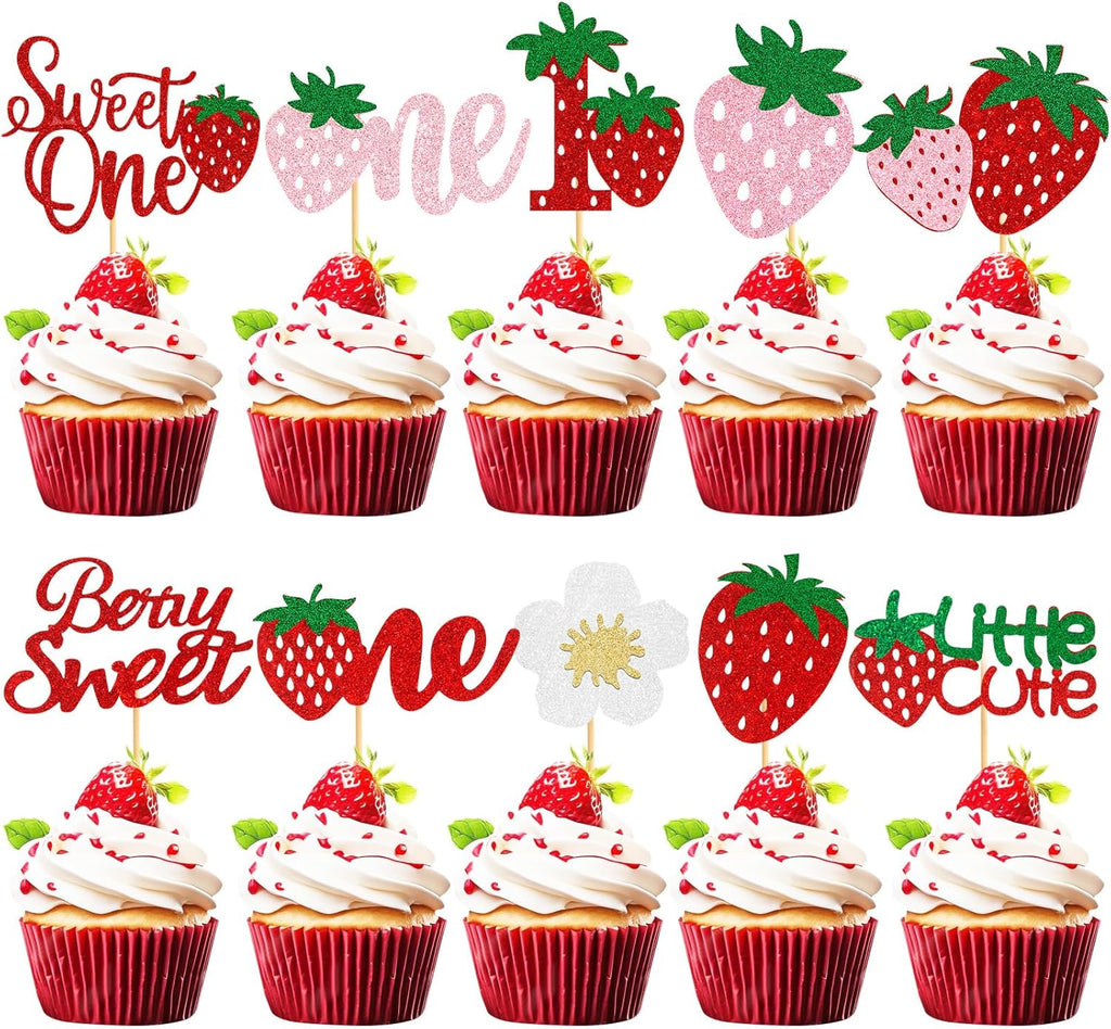 60Pcs Strawberry Sweet One Cupcake Toppers,Glitter 1st Birthday Berry Cupcake Picks for Fruit Baby Shower Cake Decorations