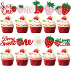 60Pcs Strawberry Sweet One Cupcake Toppers,Glitter 1st Birthday Berry Cupcake Picks for Fruit Baby Shower Cake Decorations