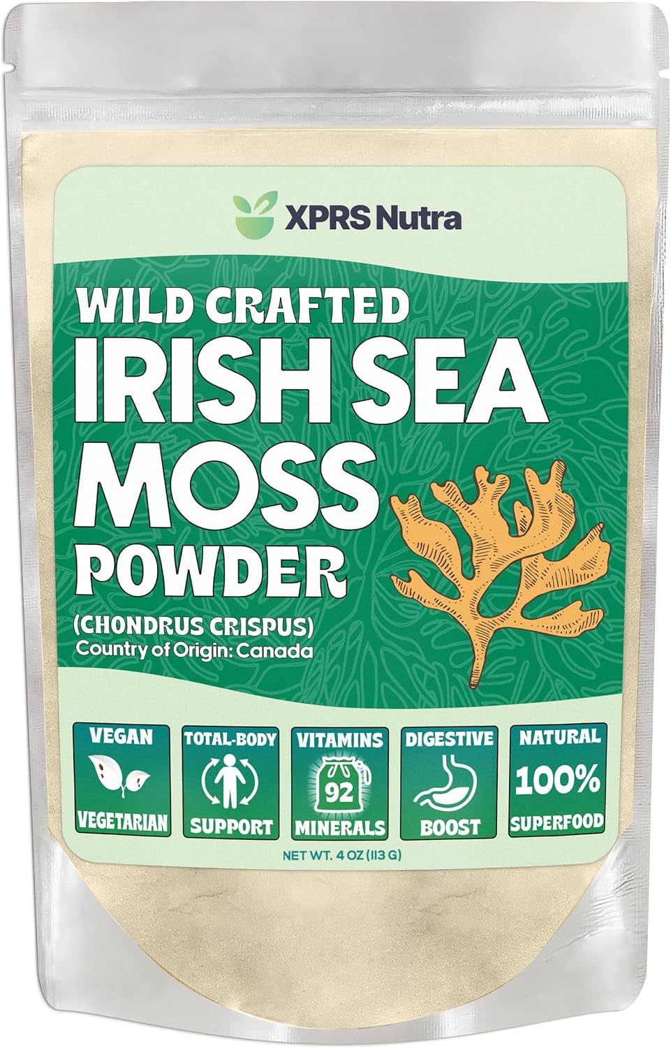 XPRS Nutra Irish Sea Moss Powder (Chondracanthus Chamissoi) - Premium Wildcrafted Seamoss Powder for Glowing Skin - Total Body Health Sea Moss Drink Powder - Vegan Friendly Irish Moss (4 oz)