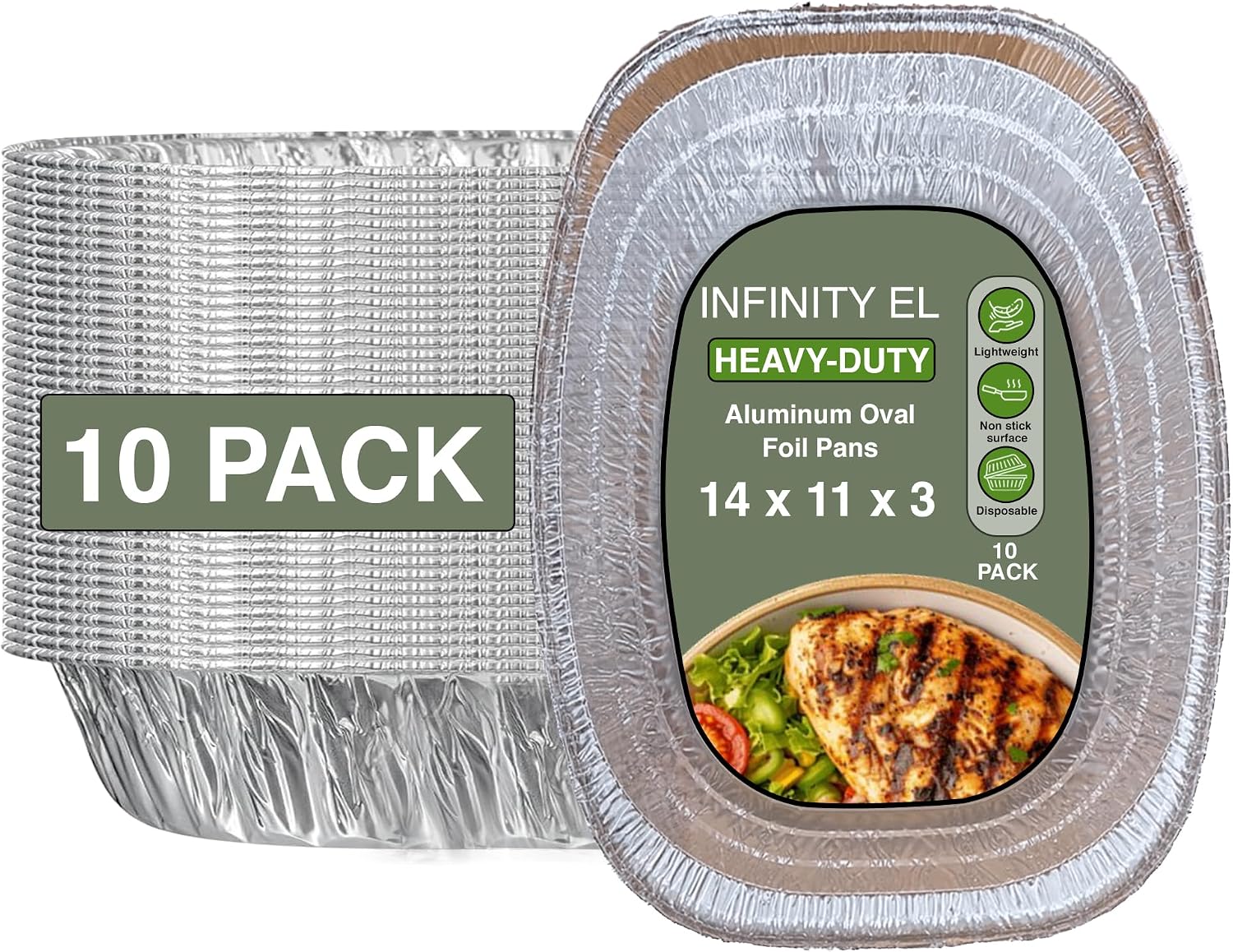 INFINITY EL 10 Pack |Large Disposable Oval Aluminum Pans Deep Disposable Baking Pan | Heavy Duty Oval Aluminum Roasting pan for Chafing, Turkey, Lasagna, Thanksgiving, Christmas, Parties & Meal Prep