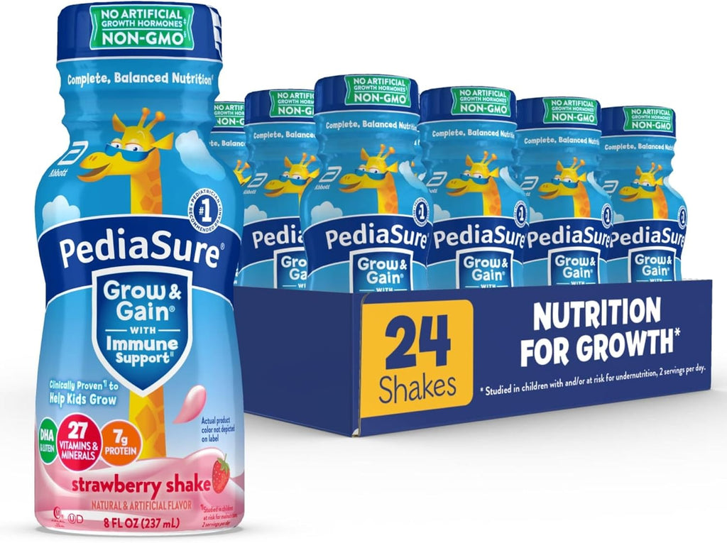 PediaSure Grow & Gain with Immune Support, 27 Vitamins & Minerals for Kids, 7g Protein, Non-GMO, Gluten-Free, Strawberry, 8-fl-oz Bottle, Pack of 24