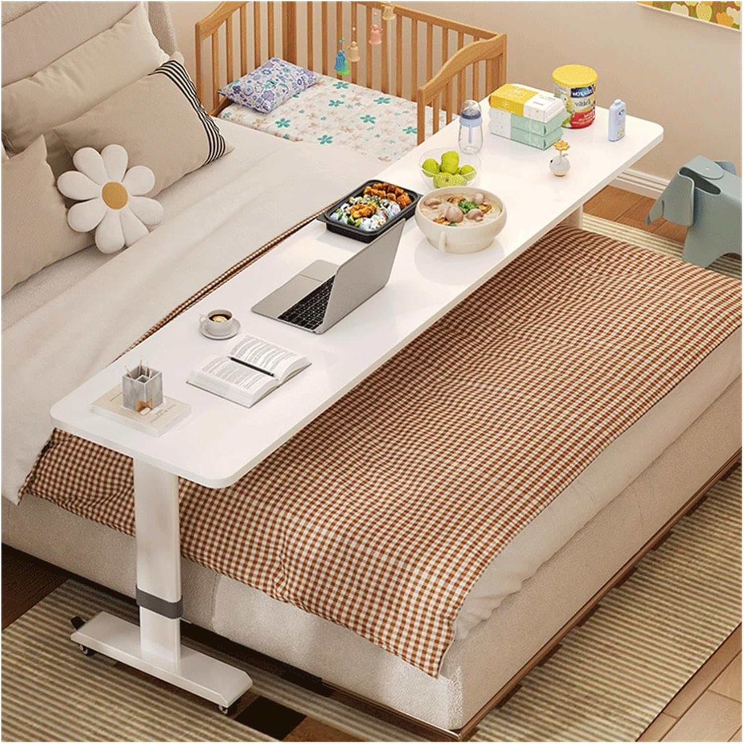 Overbed Table with 360° Wheels, Height Adjustable, Over Bed Table w/Heavy Duty Steel Leg, Standing Mobile Bed Desk