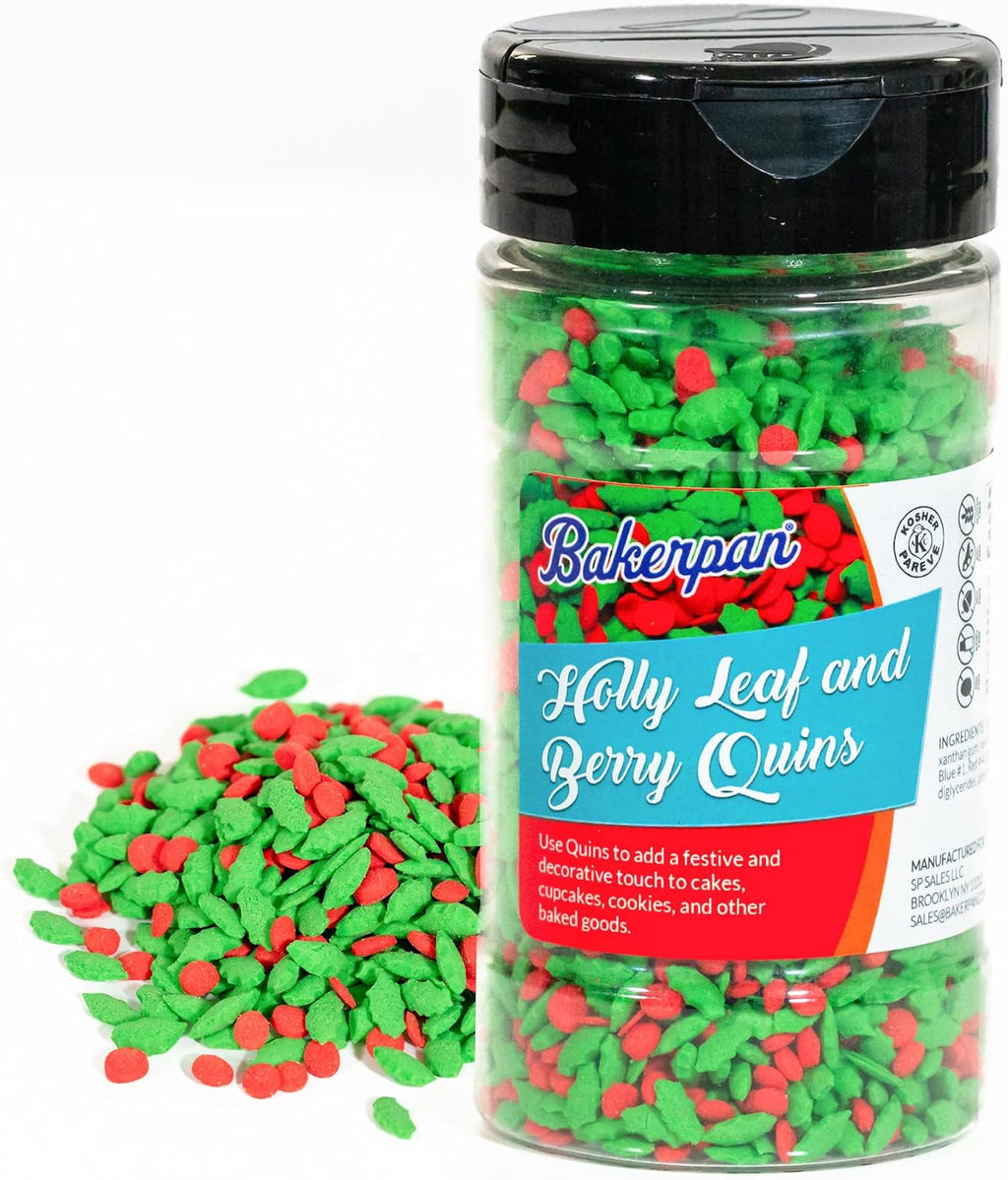 Bakerpan Quins Sprinkles For Cake Decorating - Holly Leaf and Berry Sprinkle Quins 4 Ounces - Holiday Confetti Edible Quins For Cupcakes, Ice Cream, Holiday Sprinkles Cake Decorations (Made in USA)