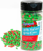 Bakerpan Quins Sprinkles For Cake Decorating - Holly Leaf and Berry Sprinkle Quins 4 Ounces - Holiday Confetti Edible Quins For Cupcakes, Ice Cream, Holiday Sprinkles Cake Decorations (Made in USA)