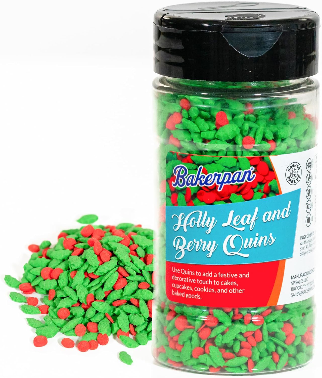 Bakerpan Quins Sprinkles For Cake Decorating - Holly Leaf and Berry Sprinkle Quins 4 Ounces - Holiday Confetti Edible Quins For Cupcakes, Ice Cream, Holiday Sprinkles Cake Decorations (Made in USA)