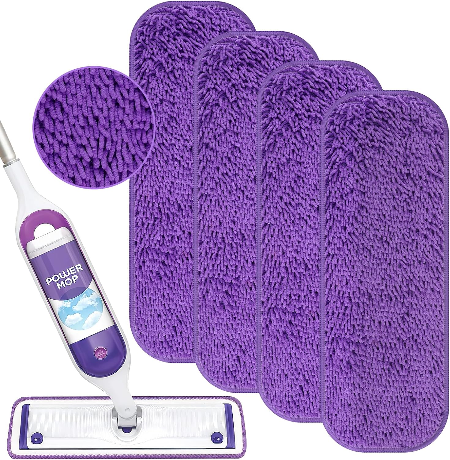 Reusable Power Mop Refill Pads for Swiffer Power Mop Starter Kit - Swifter Powermop Pads Refills - Multi-Surface & Wood Mopping Pad Refil for Floor Cleaning - Washable Microfiber Pad, 4 Pack