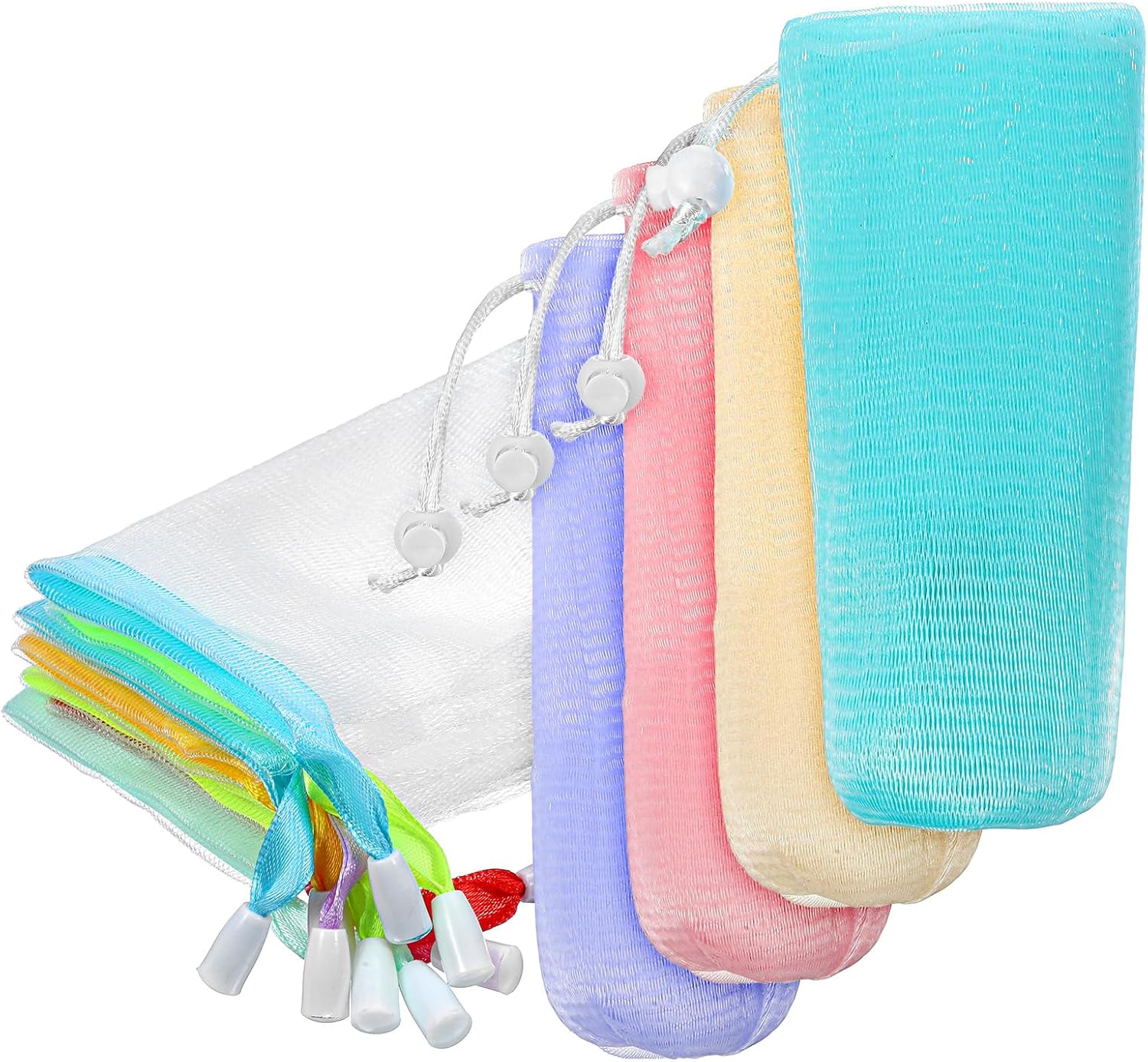 14 Pcs Soap Bags Exfoliating Mesh Soap Pouch Foam Net Soaps Saver Bubble Net Pouch Drawstring Holder Bag for Bath Shower Body Facial Cleaning Tool Multicolor Hangable