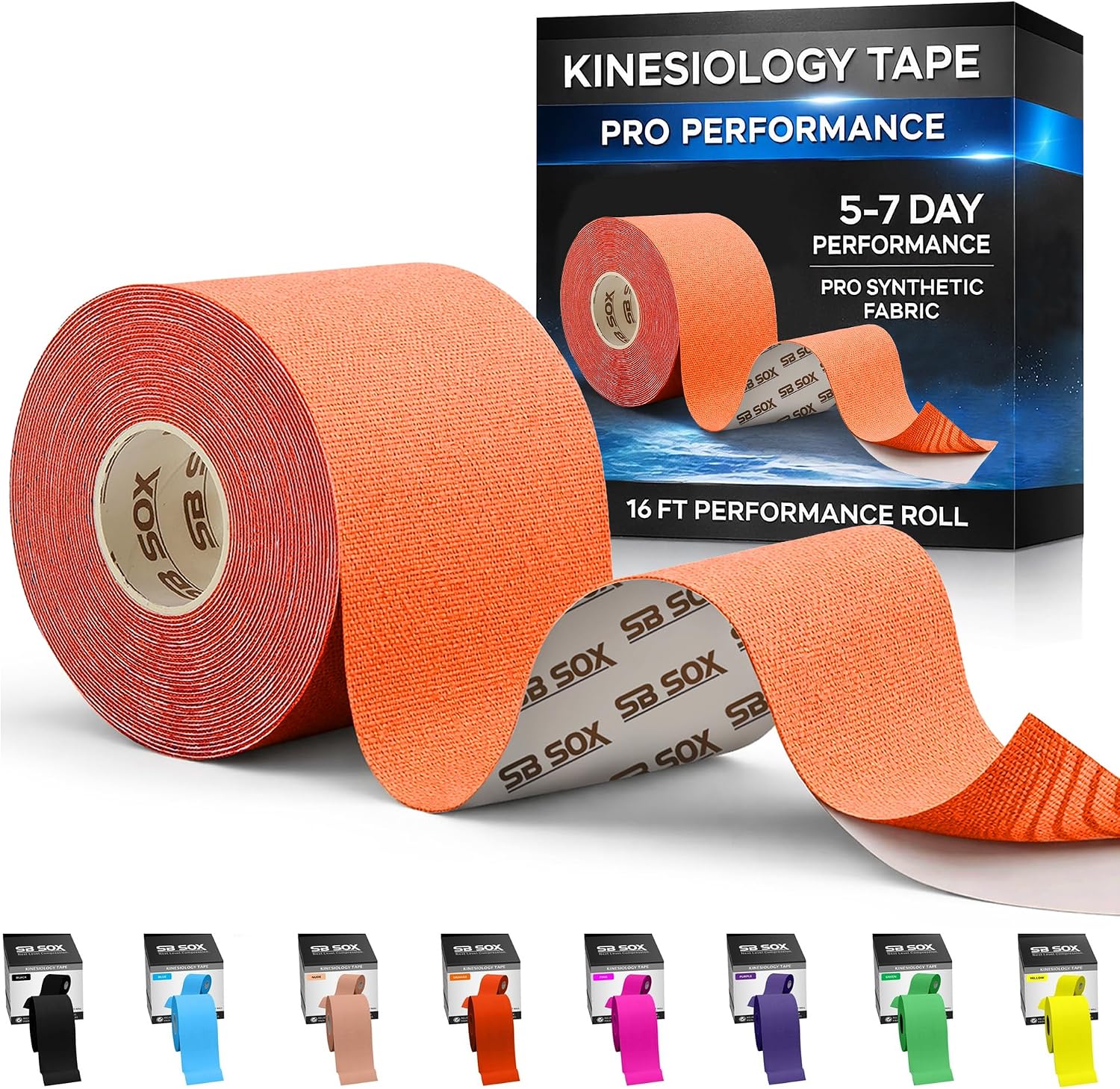SB SOX Pro Kinesiology Tape – Professional Grade Athletic Tape Lasts 5-7 Days – Strong Waterproof Sports Tape for Athletes, Swimming, Crossfit – Synthetic Latex-Free Performance Tape (Orange - Uncut)