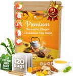 120 Bags Premium Turmeric Ginger Cinnamon Tea, Improve Digestion, Support Brain, Weight, Skin and Sleep, Eco-Conscious Tea Bags and Premium Natural Ingredients. Turmeric Ginger Herbal Tea. No Sugar, No Caffeine, No Gluten, Vegan.