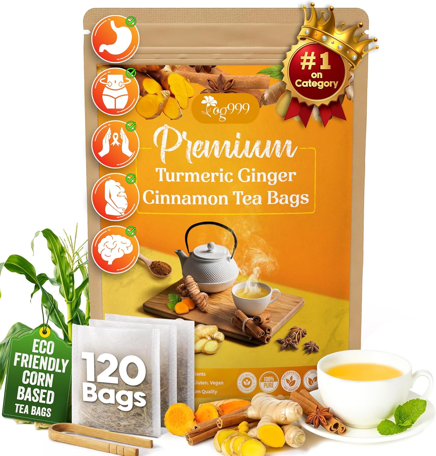 120 Bags Premium Turmeric Ginger Cinnamon Tea, Improve Digestion, Support Brain, Weight, Skin and Sleep, Eco-Conscious Tea Bags and Premium Natural Ingredients. Turmeric Ginger Herbal Tea. No Sugar, No Caffeine, No Gluten, Vegan.