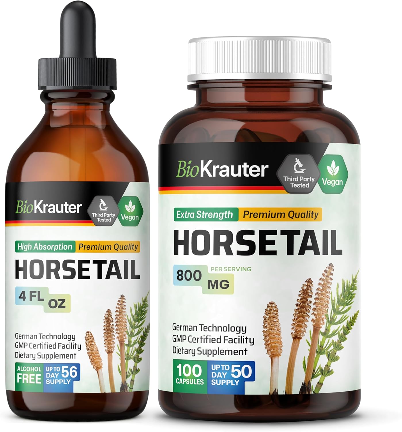 BIO KRAUTER Horsetail Tincture 4 Fl. Oz. & Horsetail 100 Capsules.