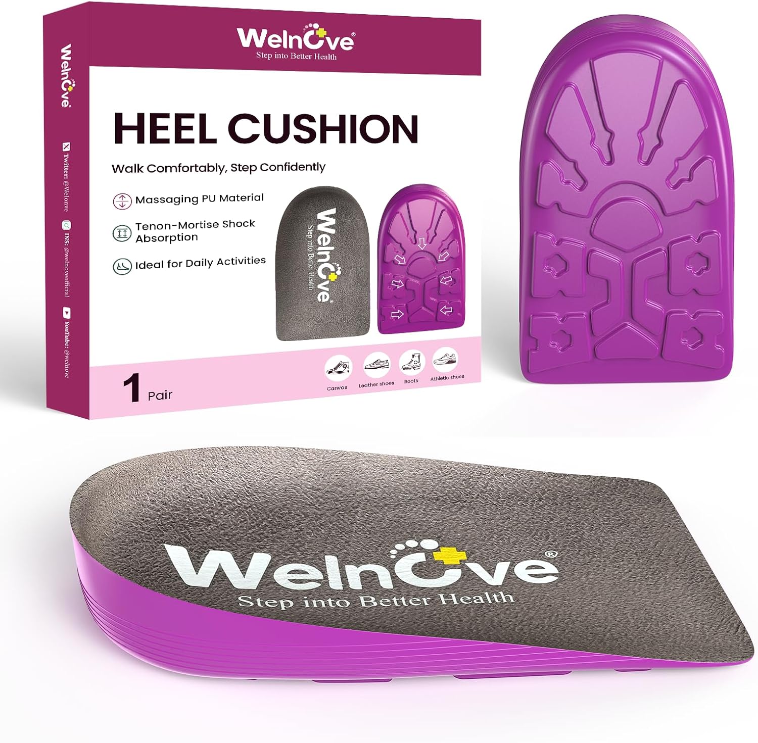 Heel Lift Inserts for Shock Absorption - Welnove 1/2 Inch Heel Cups for Plantar Fasciitis, Height Increase, Support, Non Slip,Pain Relief - Comfort Heel Cushion Pads Insoles (Size S, 1 Pair)