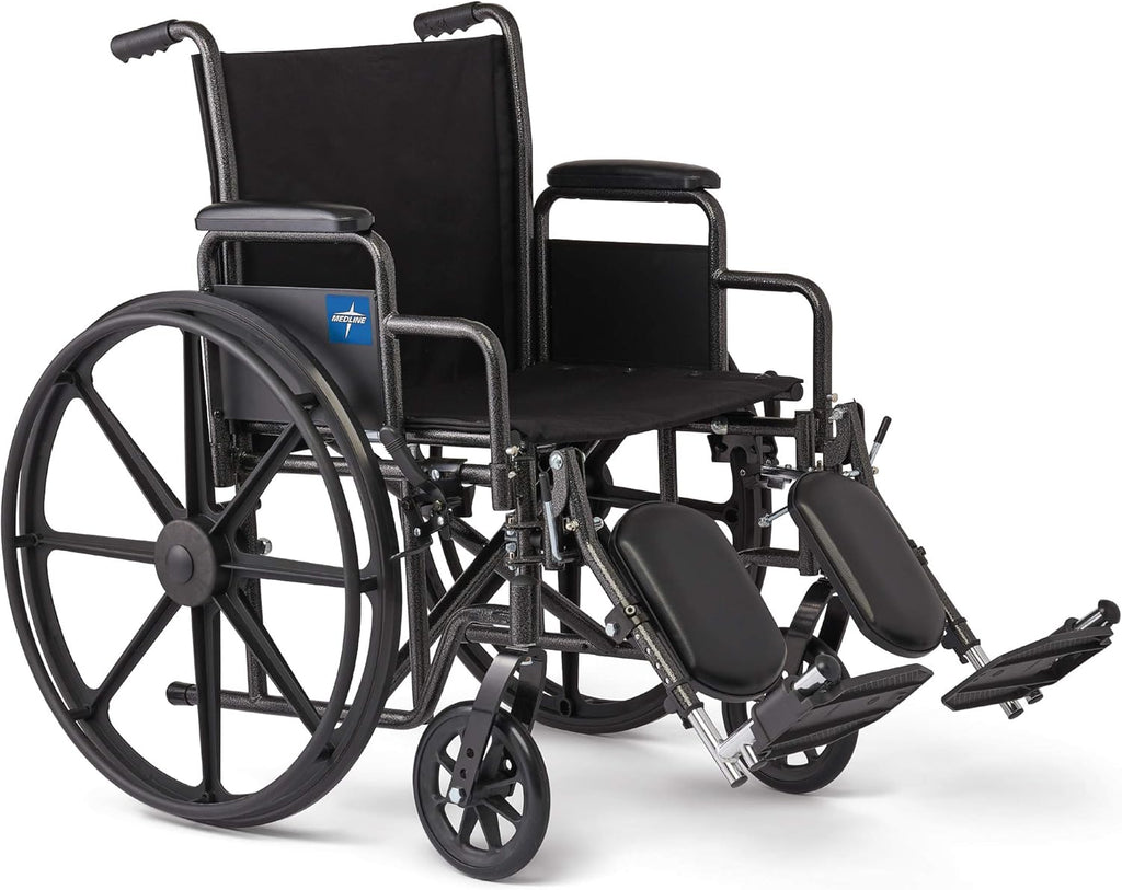 Medline Durable Steel Wheelchair for Elderly and Disabled, Flip-Back Desk-Length Arms, Elevated Leg Rests, 20-Inch Wide Seat, 300-Ib weight capacity, Black