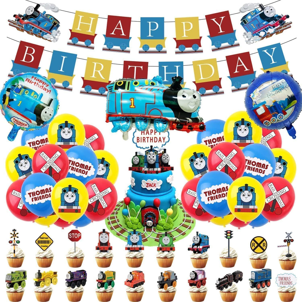 Thomas Train birthday party supplies, including cake caps, cupcake caps, flags, Latex Balloons, It is very suitable for boy's and girl themed birthday party supplies