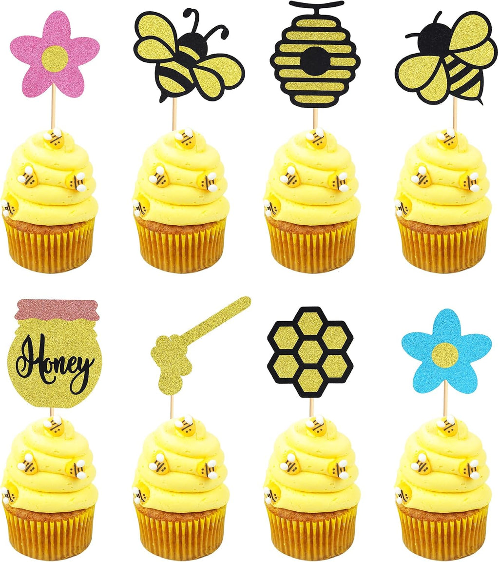 24Pcs Bumble Bee Cupcake Toppers Honey Flower Honeycomb Bee Cupcake Picks Baby Shower Cake Decorations for Bee Theme Baby Shower Kids Birthday Party Supplies