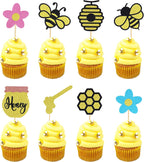 24Pcs Bumble Bee Cupcake Toppers Honey Flower Honeycomb Bee Cupcake Picks Baby Shower Cake Decorations for Bee Theme Baby Shower Kids Birthday Party Supplies