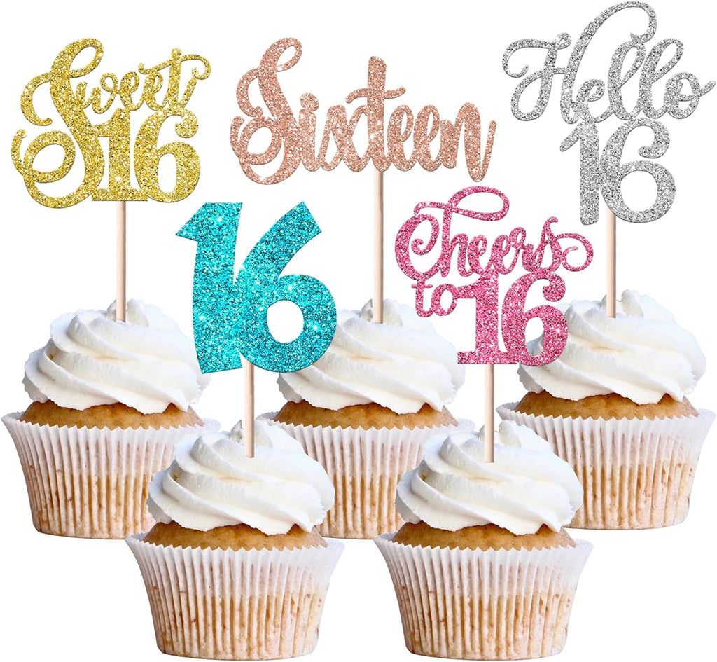 Rsstarxi 30 Pack 16th Birthday Cupcake Toppers Glitter Sixteen Sweet 16 Cupcake Picks Cheers to 16 Years Sweet 16 Birthday Cake Decorations for Hello 16th Birthday Anniversary Party Decors Multi