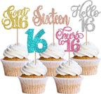 Rsstarxi 30 Pack 16th Birthday Cupcake Toppers Glitter Sixteen Sweet 16 Cupcake Picks Cheers to 16 Years Sweet 16 Birthday Cake Decorations for Hello 16th Birthday Anniversary Party Decors Multi