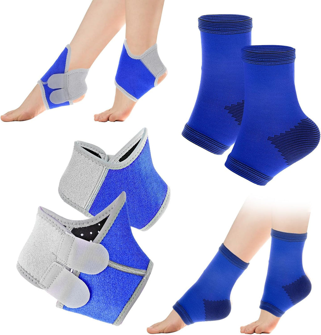 Prasacco Kids Ankle Brace Set, 2 Pairs Compression Sleeve and Adjustable Wrap, Breathable Foot Support Stabilizer for Injury Prevention, Sprains, Active Play, Daily Wear