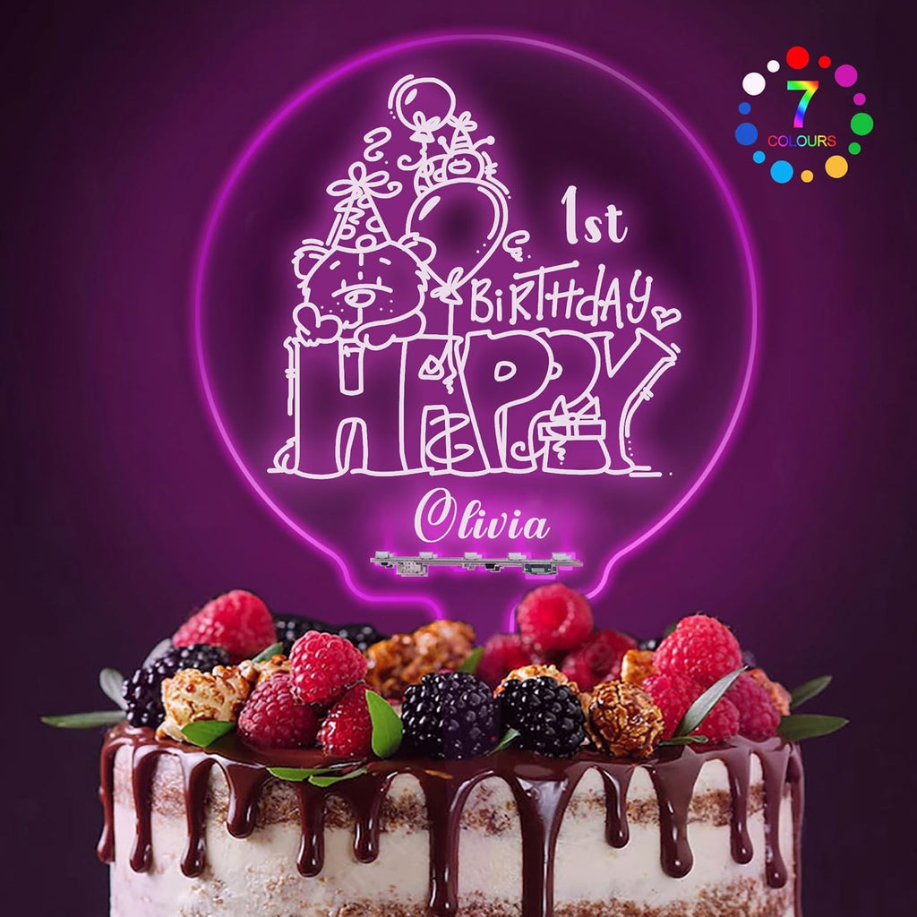LED Personalized Happy Birthday Cake Toppers 7 Colour Changes Light Up Birthday Cake Topper Acrylic Cake Toppers Cake Decorations for 1st 10th 16th 18th 20th 21st 30th 40th 50th 60th 70th(Design 2)