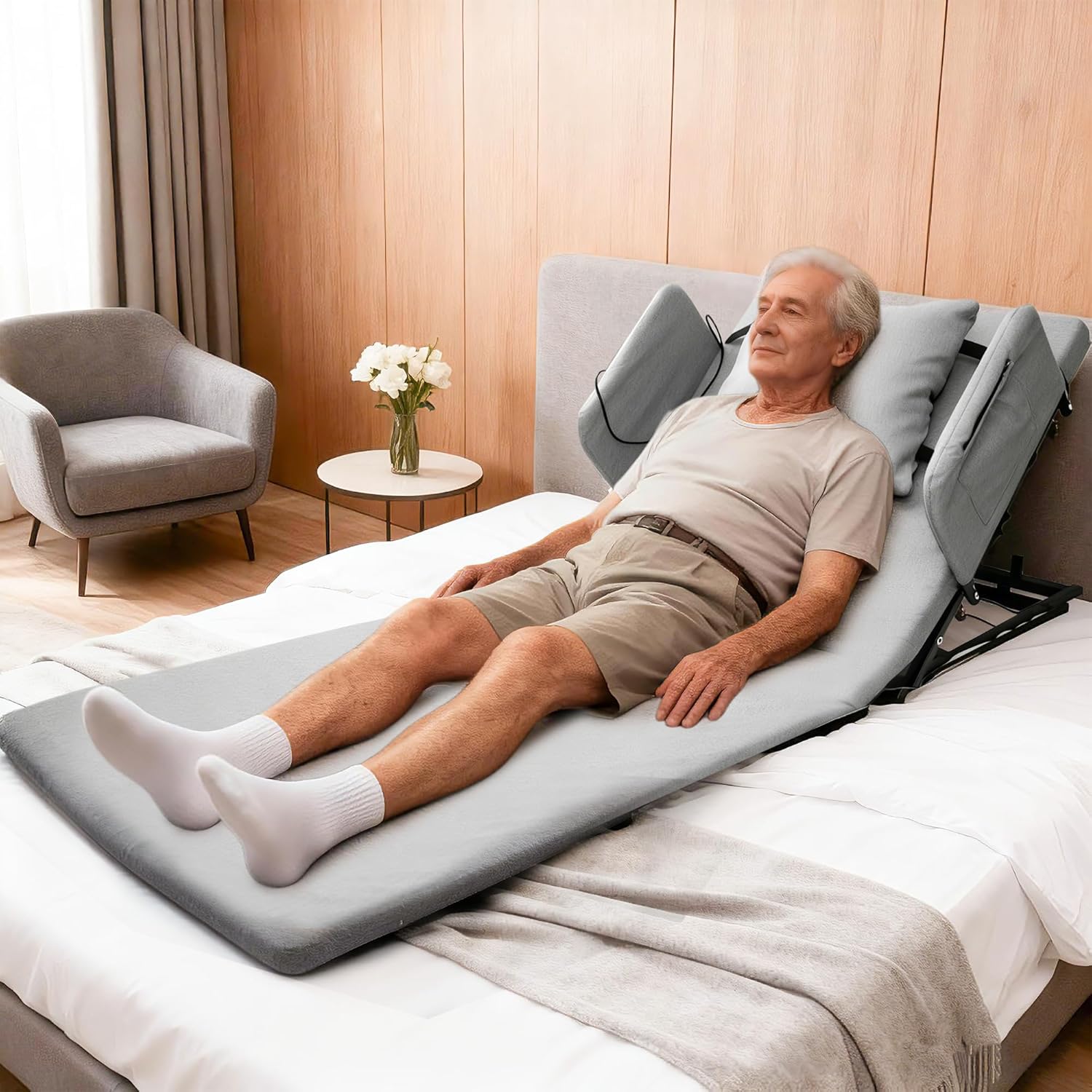 Electric Lifting Backrest for Bed, Adjustable Power Recliner Bed with Remote Control, 2°-80° Adjustable Angle, with Handrail Fence&Headrest Cushion, Suitable For Pregnancy&Elderly&Patients, 30x75in