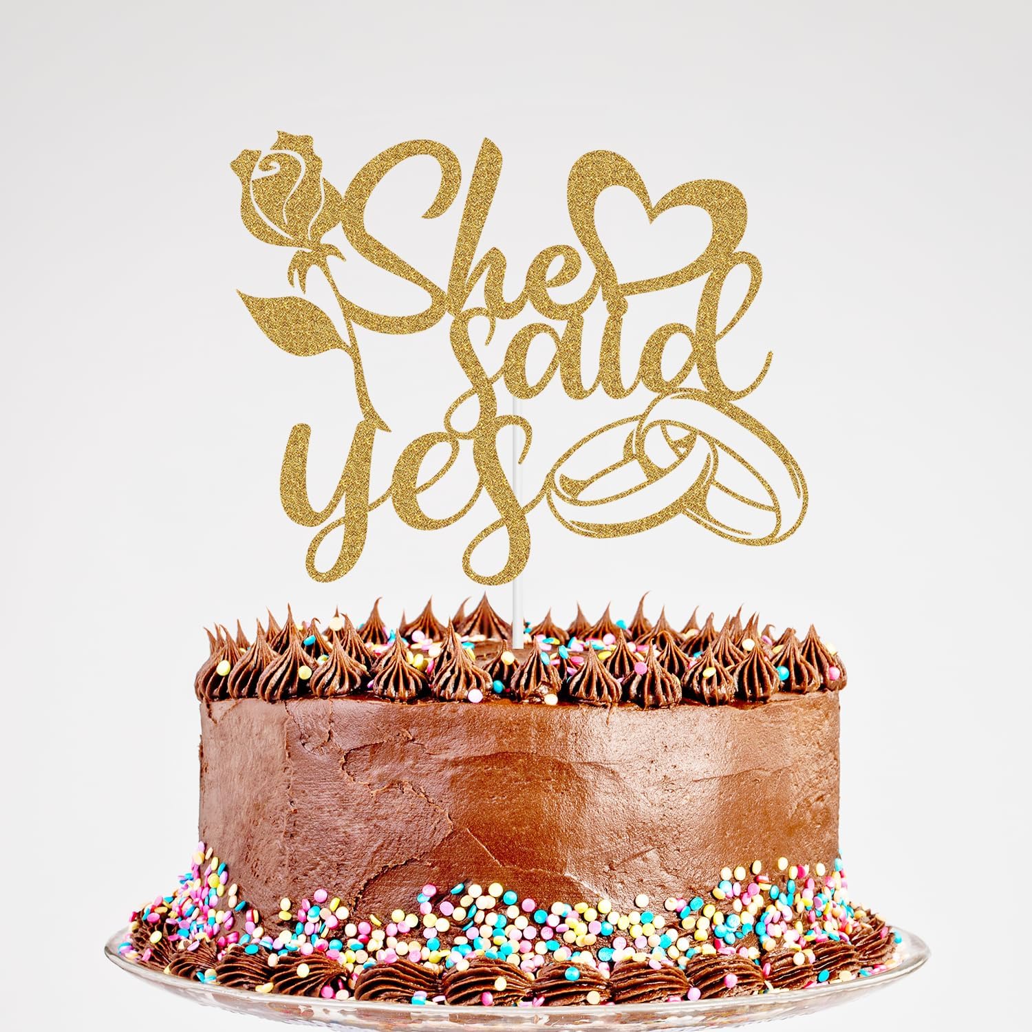 Glitter She Said Yes Cake Topper - Ring Rose Flower Mr & Mrs Anniversary Cake Topper, Funny Wedding Engagement Bachelorette Party Decorations Gold