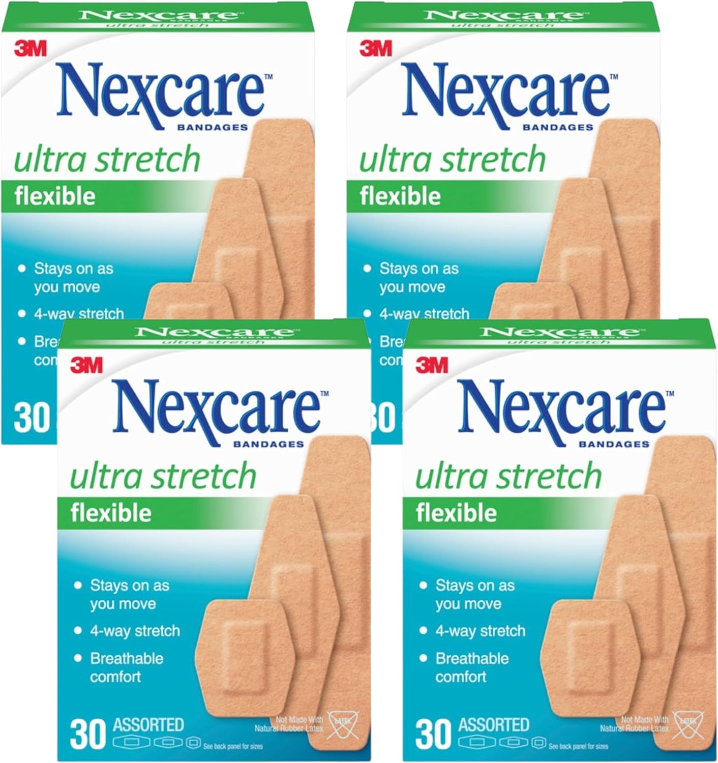 Nexcare Comfort Flexible Fabric Adhesive Bandages, Assorted Sizes, Latex-Free, 30 Count (Pack of 4)