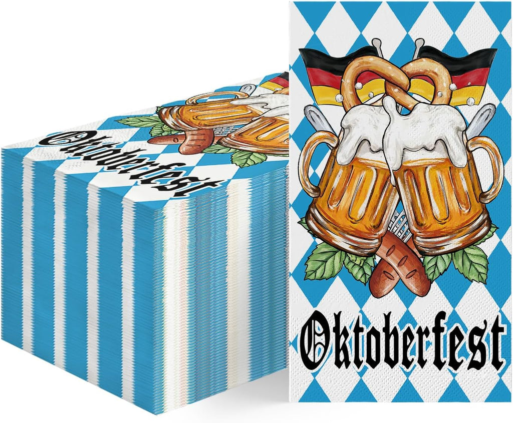 Horaldaily 100 Oktoberfest Disposable Paper Napkin Decorative Guest Guest Napkins, Blue and White Bavarian Flag and Beer Hand Towel for Party Lunch Dinner Kitchen Bathroom