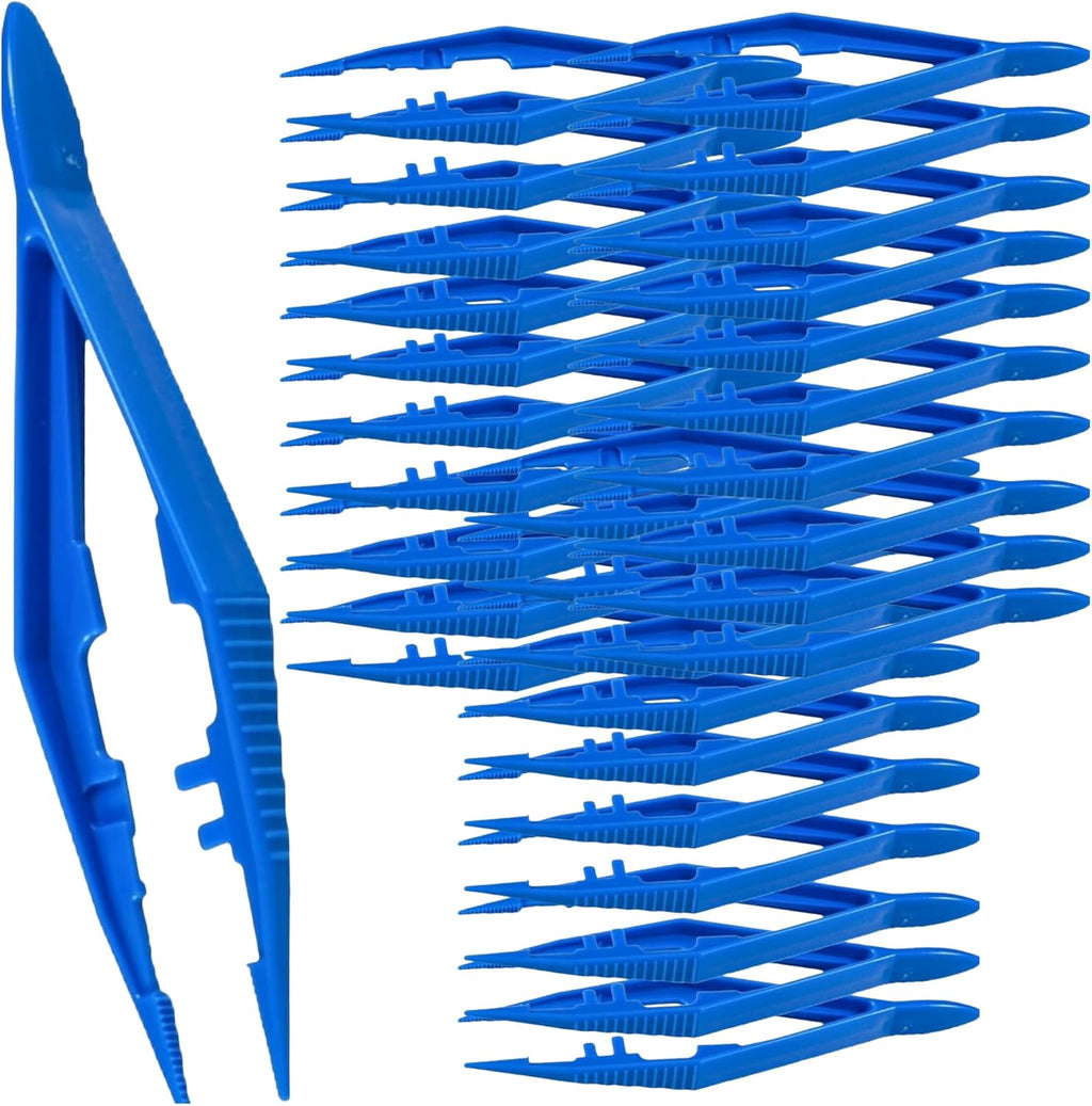 Vakly Disposable Plastic Forceps Tweezers Blue (30 Pack) – Serrated Tip Medical Tweezers with Finger Ridges & Narrow Points for First Aid, Lab, Crafts & School Science