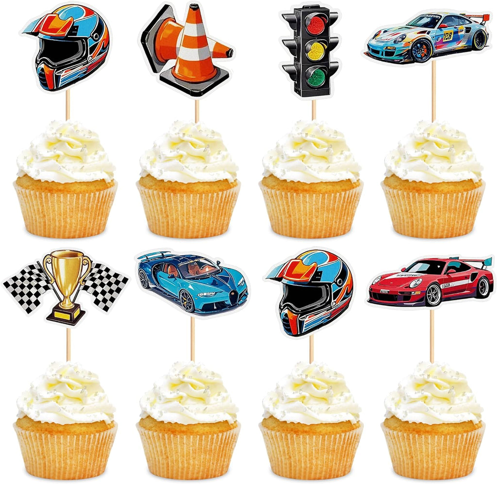 35PCS Race Car Cupcake Toppers Sparkling Trophy Flag Racing Cake Selected Racing Theme, Car Theme Party Supplies Baby Shower Boy Birthday Party Cake Decoration Supplie