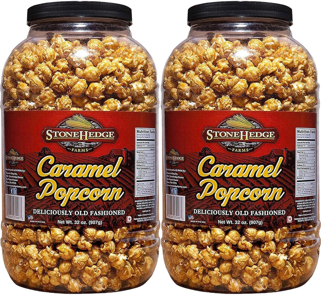Stonehedge Farms Caramel Flavored Popcorn | 32 oz Tub (Pack of 2) | Perfect for Holidays and Christmas | Reclosable Barrels | Bulk Gourmet Popped Carmel Pop Corn