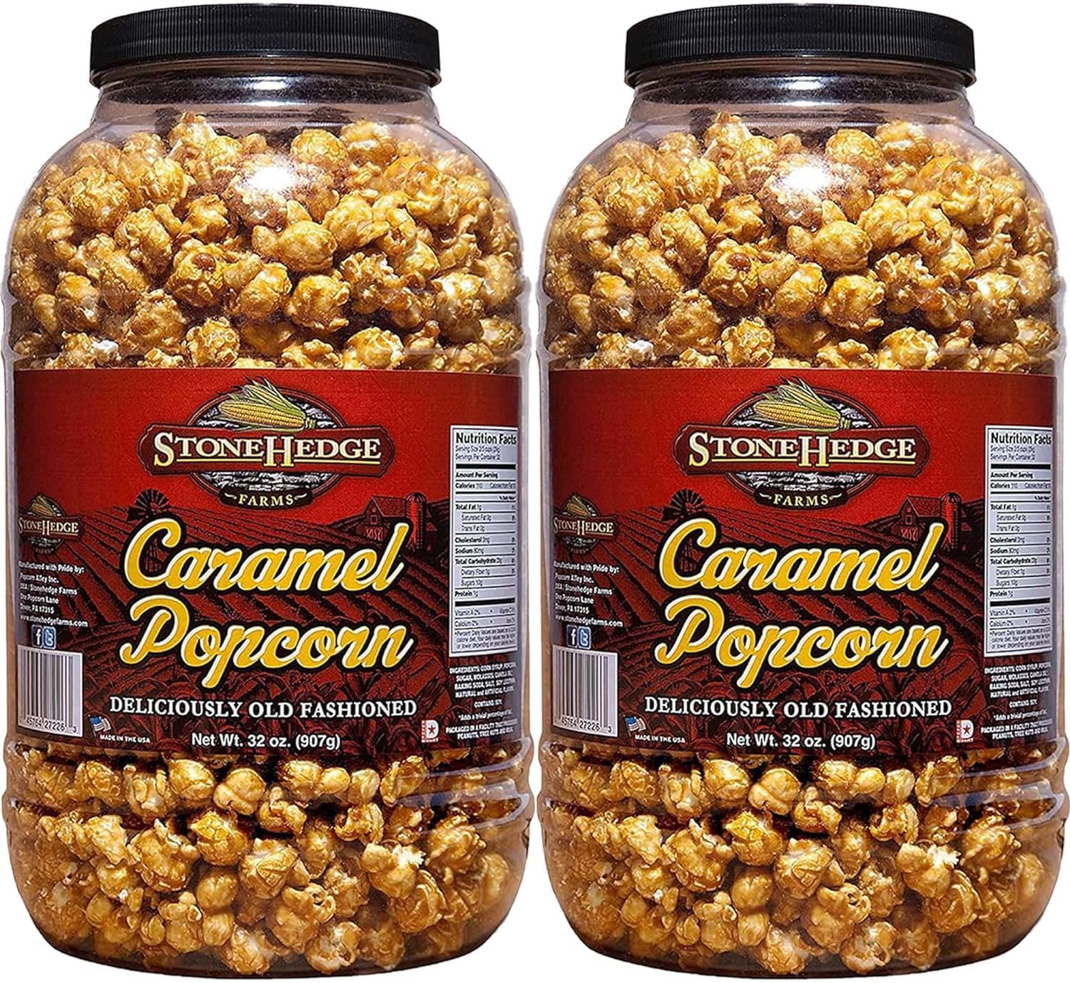 Stonehedge Farms Caramel Flavored Popcorn | 32 oz Tub (Pack of 2) | Perfect for Holidays and Christmas | Reclosable Barrels | Bulk Gourmet Popped Carmel Pop Corn
