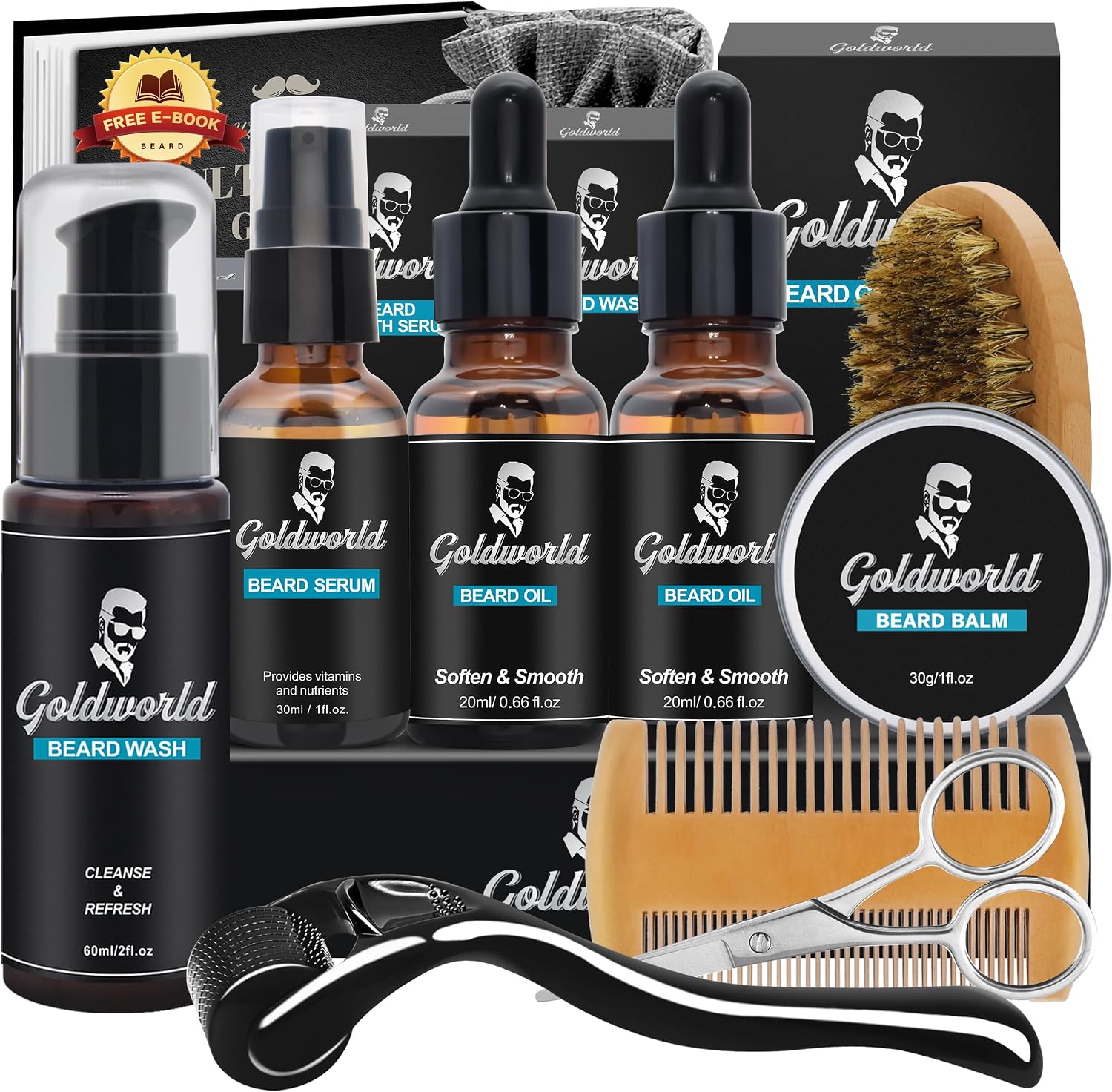 Beard Kit,Beard Grooming Kit w/Beard Wash/Shampoo,2 Packs Beard Oil,Beard Balm,Beard Wash,Brush,Comb,Scissor,Storage Bag,E-Book,Beard Care&Trimming Kit