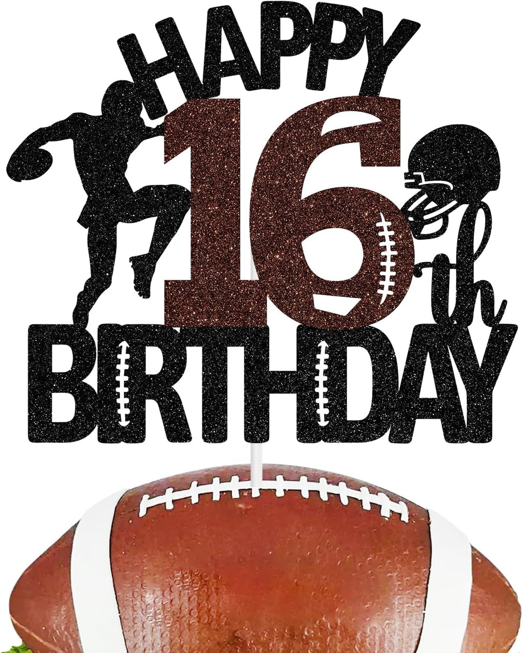 Tivurcia American Football Happy 16th Birthday Cake Topper, Glitter Touchdown Football Sports Theme 16 Years Old Birthday Party Decorations Supplies for Boy