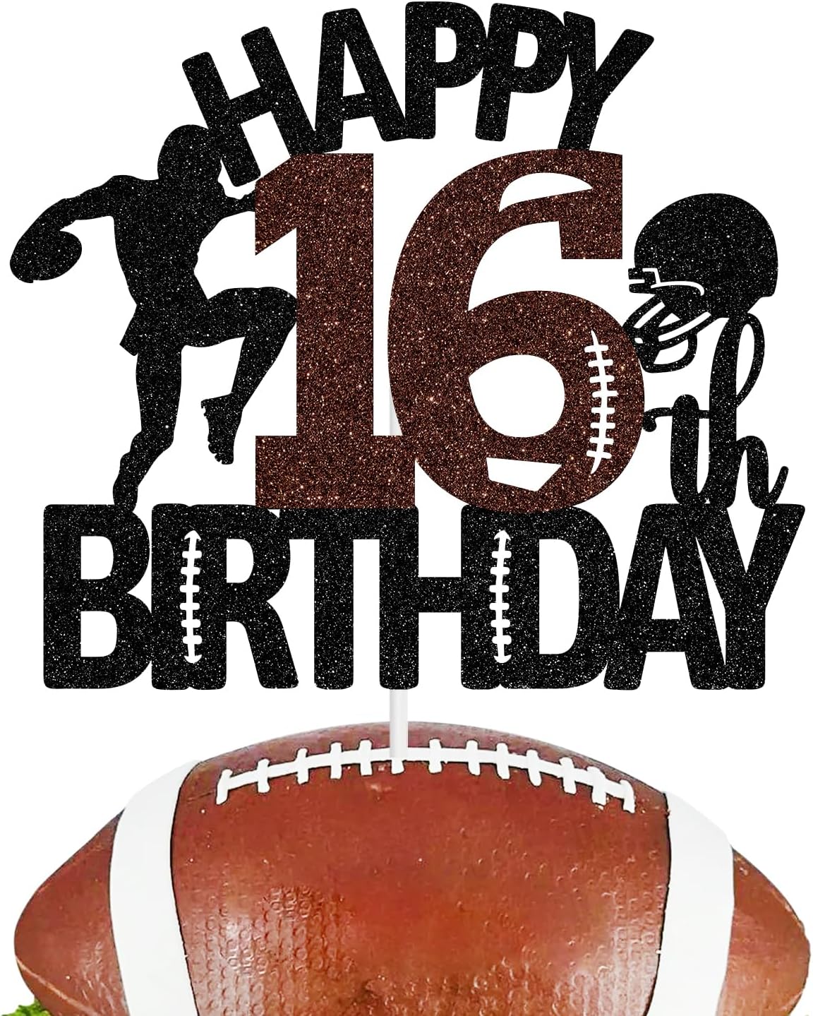 Tivurcia American Football Happy 16th Birthday Cake Topper, Glitter Touchdown Football Sports Theme 16 Years Old Birthday Party Decorations Supplies for Boy