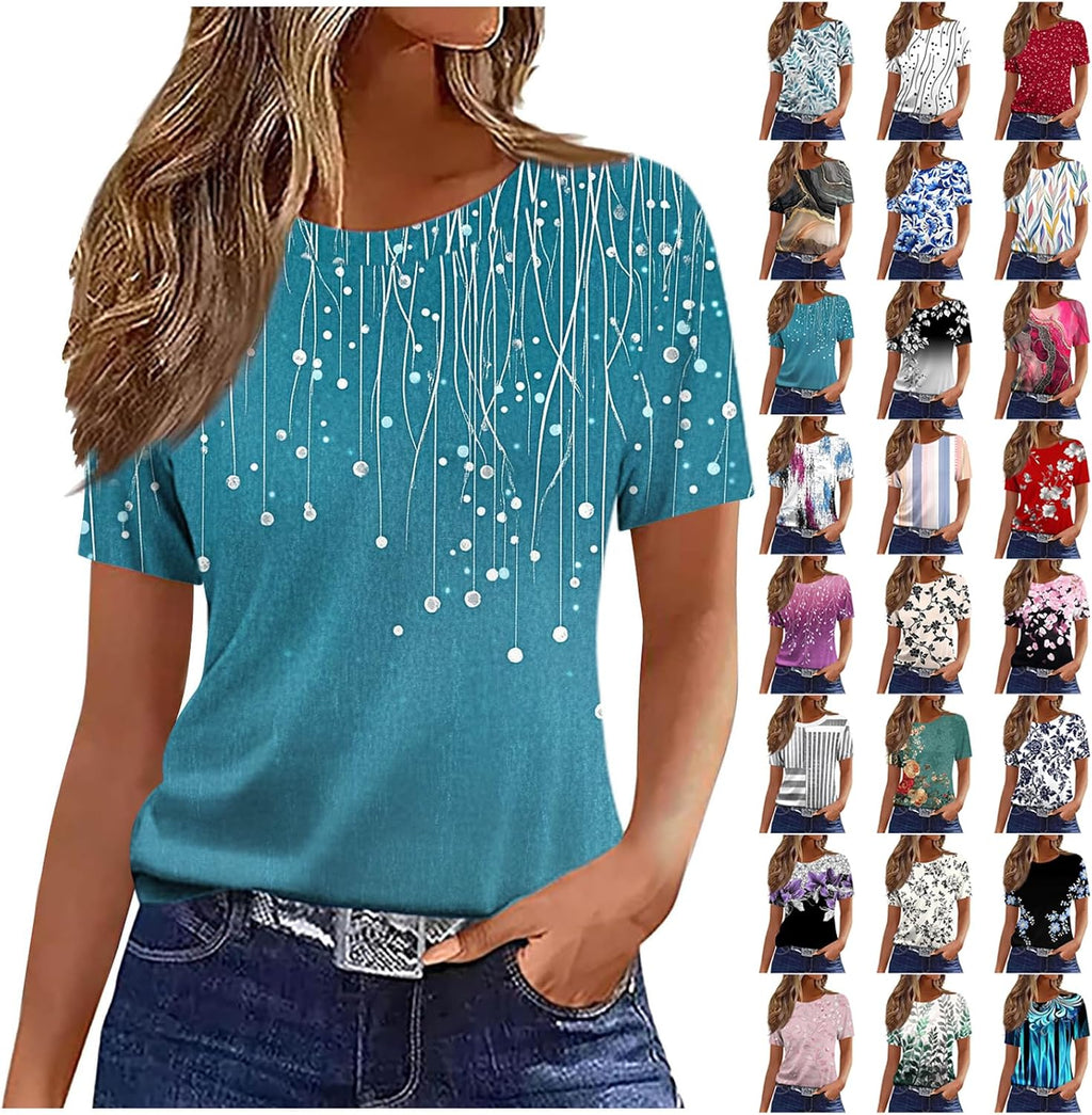 Womens Summer Tops Crew Neck Short Sleeve Printed T Shirts Dressy Casual Tees Blouses Loose Fit Holiday Outfits