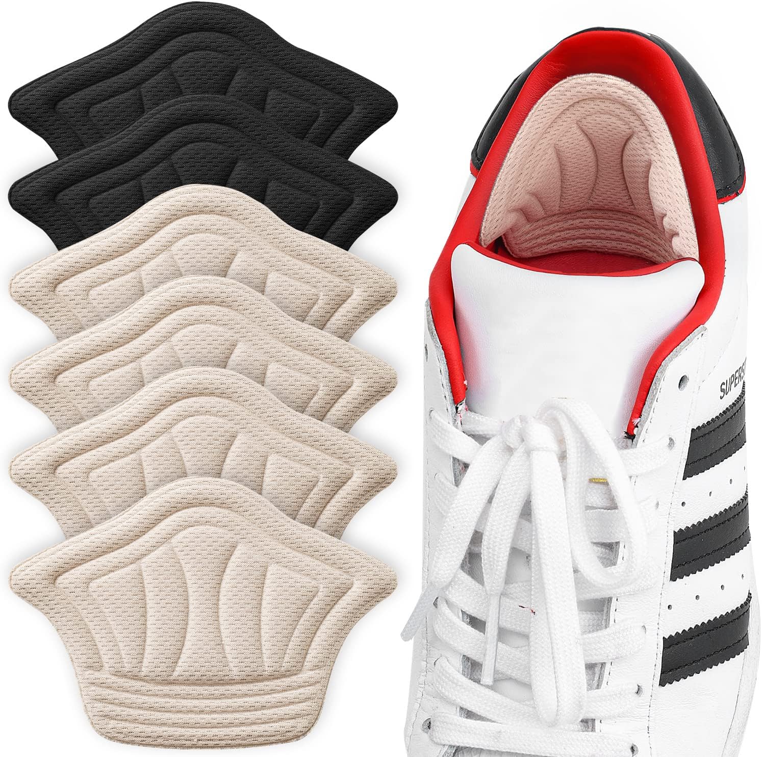 Back of Heel Cushion Pads, Adhesive Heel Grips Inserts for Women Men, Reusable Heel Guards Liners for Loose Shoes, Too Big Boots, Improve Shoe Fit, 2pcs-Black+4pcs-Beige