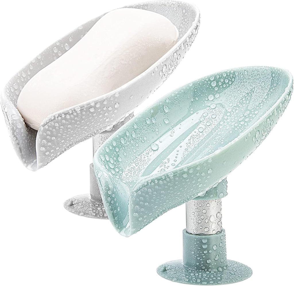 2Pack Soap Holder Leaf-Shape - Self Draining Soap Dish Holder, Not Punched Easy Clean Bar Soap Holder, with Suction Cup Soap Dish Suitable for Shower, Bathroom, Kitchen Sink (Grey + Green)