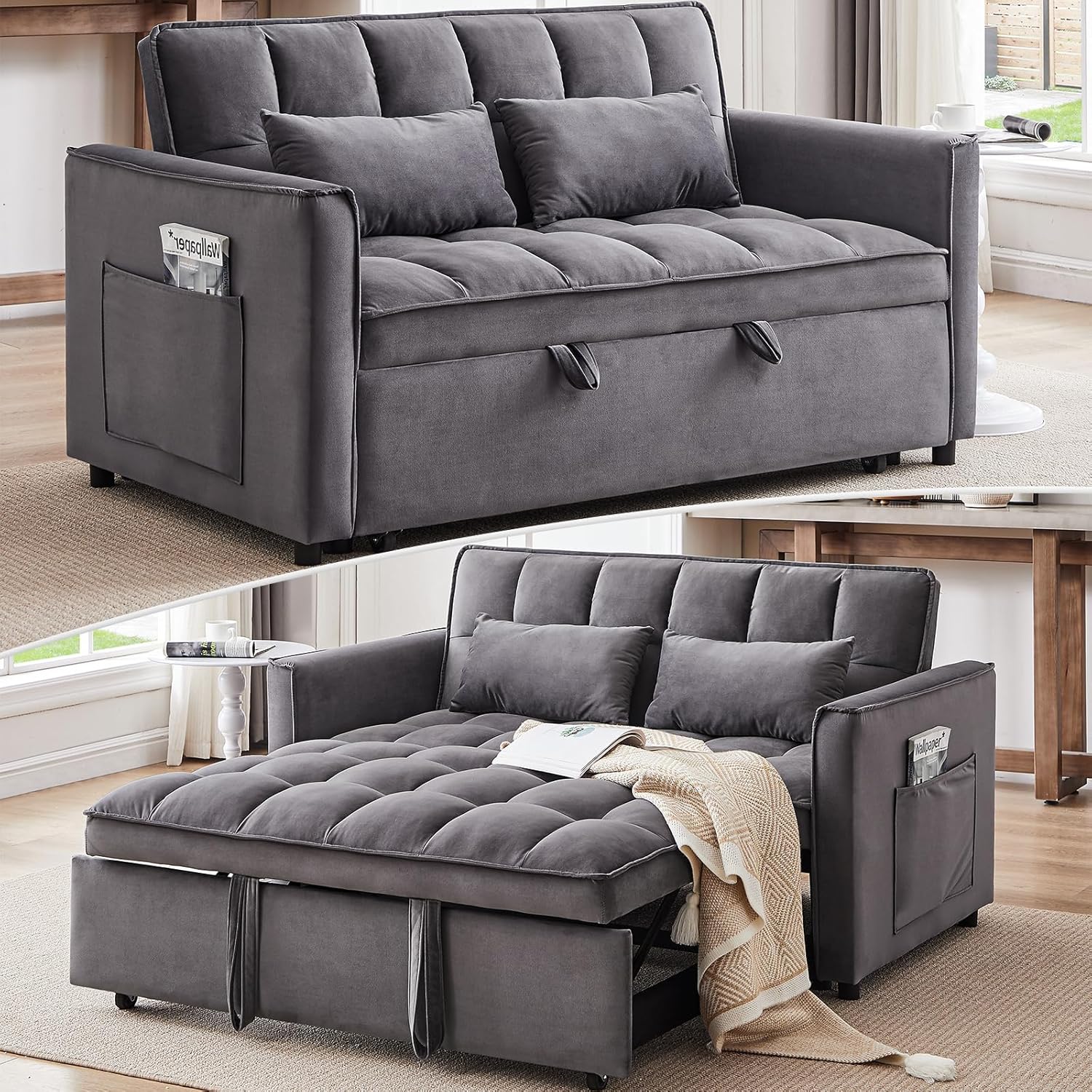 53" Sleeper Sofa, 3 in 1 Convertible Sofa Bed & Pull Out Couch, Modern Velvet Loveseat with Adjustable Backrest, Side Storage Pocket & 2 Pillows for Apartment Living Room, Grey