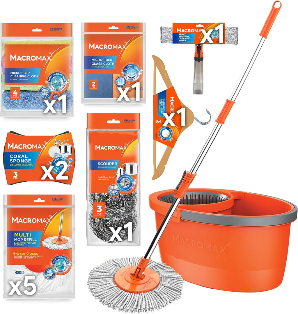 Macrofresh Macromax 13-Pc Home Cleaning Kit: Spin Mop & Bucket System, 5 Microfiber Refills, Microfiber Cloths, Glass Cloths, Sponges, Scourers & Hangers